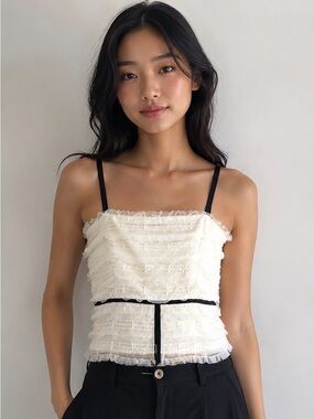 Milly of New York Cream Ruffle Camisole with Black Trim